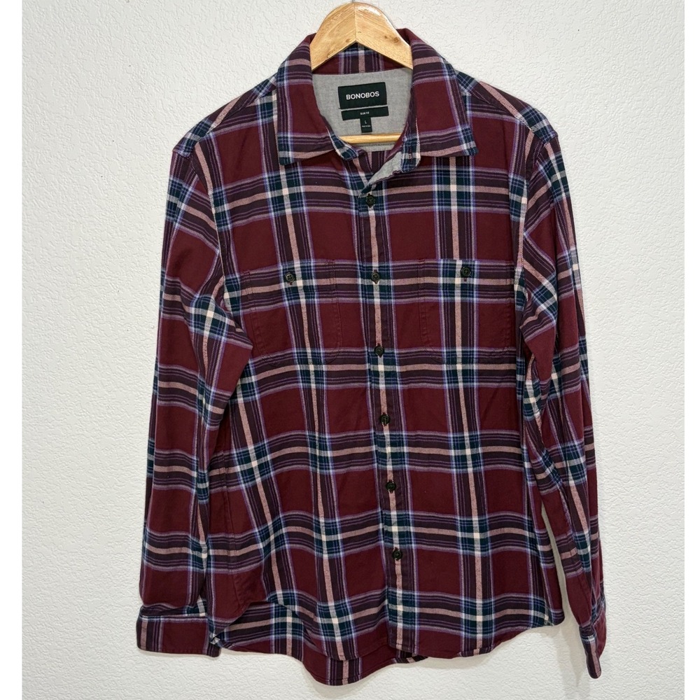 Bonobos Slim Fit Flannel Shirt Mens Large Burgundy Plaid Long Sleeve Button Down